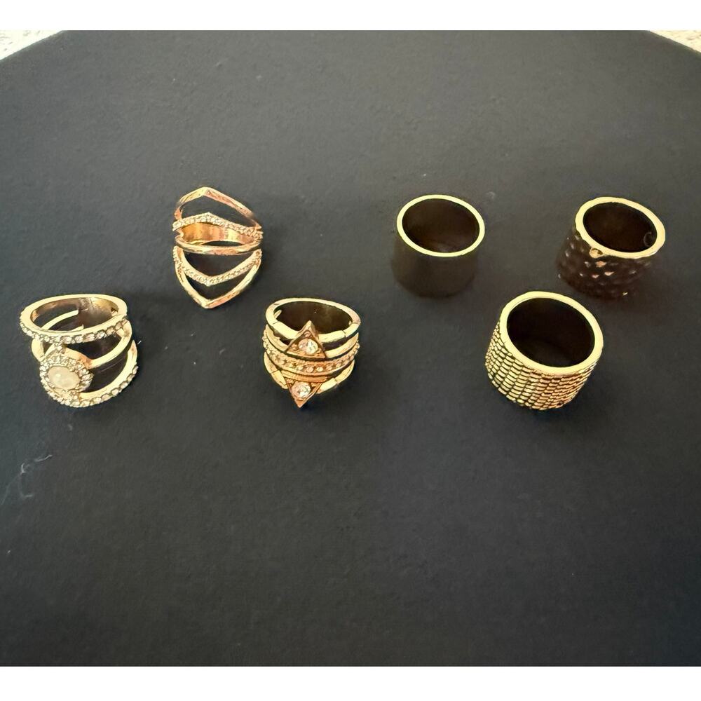 Gold Geometric Ring Set Textured Band Cutout Rhinestone Stacking Rings - Picture 9 of 11